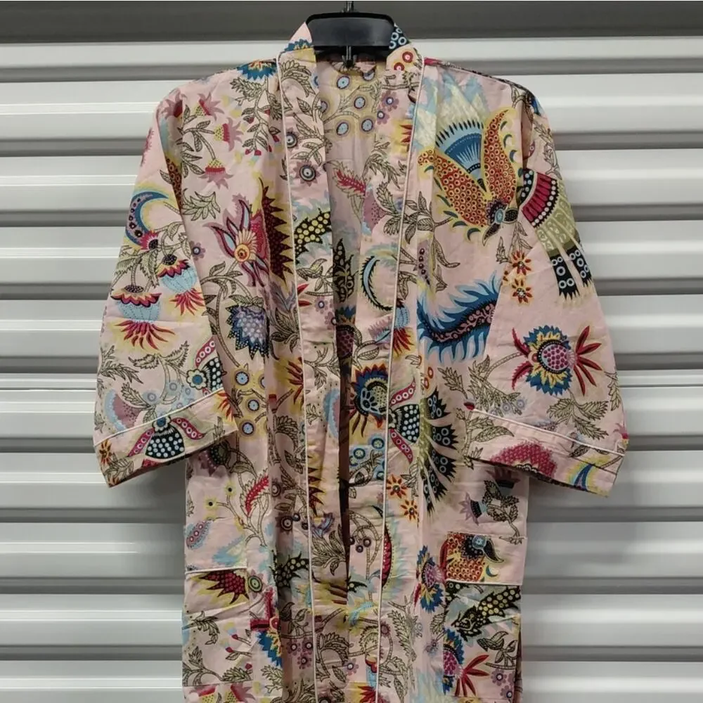 Pink Floral Kimono Robe One Size Boho Spa Lounge Cover Up Sleepwear Vacation